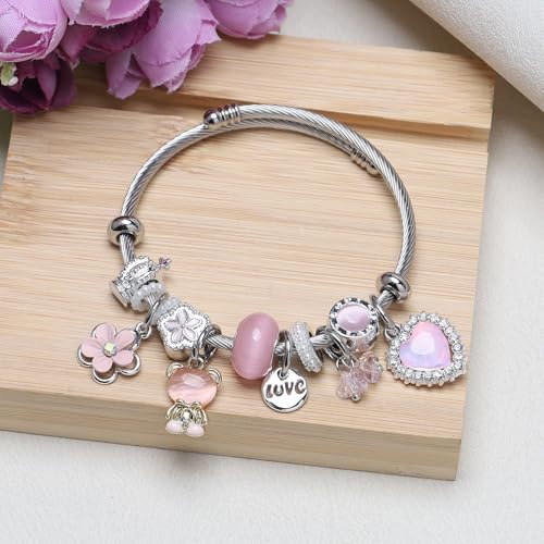 DS Charm Bracelets for girls,exquisite cute cartoon friendship bracelets Silver Stainless Steel Bangle with birthday Gift box, Adjustable girls jewelry Suitable for holiday gifts - style: Silver-pink bear 2