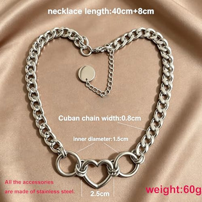 Slip Chain Necklace for Women Gothic Stainless Steel Bar Pendant Cuban Link Necklaces Adjustable Goth O Ring Long Necklaces Punk Rock Collar Choker Trendy Lariat Y Necklace - color: Silver heart ring