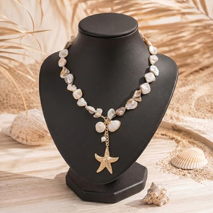 Chunky Shell Choker Necklace for Women,Natural Irregular Pearl Beaded Beach Necklaces,OT Buckle Pearl Pendant Choker,Bohemian Beach Necklace,Summer Beach Vacation Jewelry Gift for Women - color: white
