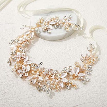 SWEETV Handmade Rhinestone Wedding Headband Flower-Leaf Bridal Headpieces for Wedding Pearl Hair Accessories (Gold) - color: Gold