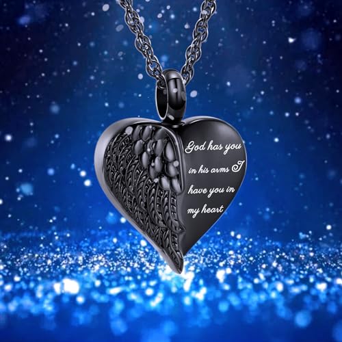 shajwo Cremation Heart Urn Necklace Ashes Jewelry for Women Men Keepsake Pendant Memorial Locket Ash Holder - color: Wing-G1 Black