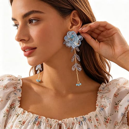 Fabric Flower Earrings for Women Colorful Long Tassel Floral Drop Earrings Fashion Boho Exaggerated Statement Beach Party Jewelry - color: acrylic blue