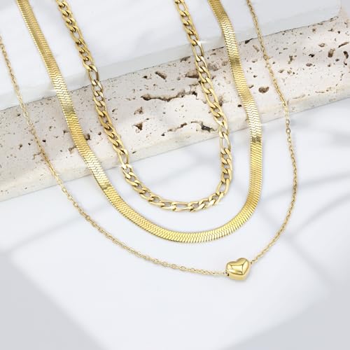 Layered Necklaces for Women,14k Gold Plated Dainty Necklace Stack Set Non Tarnish Adjustable Silver Stainless Steel CZ Heart Circle Pendant Paperclip Choker Herringbone Snake Chain Jewelry - style: Heart Layered Necklace