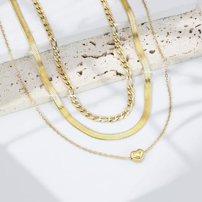 Layered Necklaces for Women,14k Gold Plated Dainty Necklace Stack Set Non Tarnish Adjustable Silver Stainless Steel CZ Heart Circle Pendant Paperclip Choker Herringbone Snake Chain Jewelry - style: Heart Layered Necklace