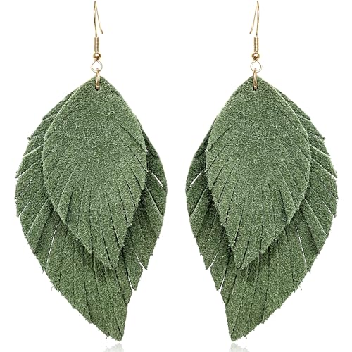Handmade Bohemian Large Soft Genuine Leather Fringe Double Feather Dangle Drop Earrings Lightweight Simple Color PU Leaf Hook Earrings for Women - color: Dark Green