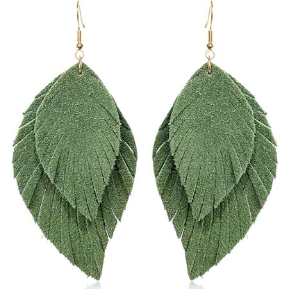 Handmade Bohemian Large Soft Genuine Leather Fringe Double Feather Dangle Drop Earrings Lightweight Simple Color PU Leaf Hook Earrings for Women - color: Dark Green