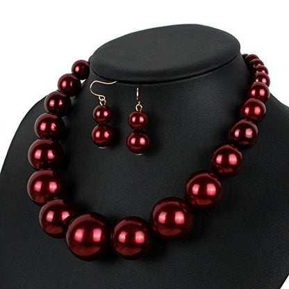 Fuqimanman2020 Chunky Large Simulated Pearl Choker Necklace Drop Dangle Earrings Crystal Bib Big Round Beaded Strand Multicolor Costume Statement Wedding Jewelry Set for Women Brides - color: Wine Red