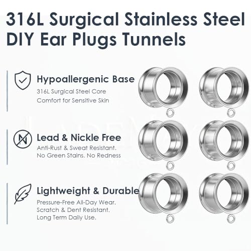 LADEMAYH 3 Pairs DIY Ear Tunnels, Surgical Steel Dangle Gauges Accessory | Free Jump Rings, Threaded Double Flared Plugs, 316L Stainless Steel, Hypoallergenic, DIY Custom Hanging Charms, 2g-1" - color: #6009 Silver, size: 1/2"(12mm)