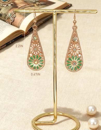 Bohemian Crystal Teardrop Dangle Earrings, Copper, Tribal Geometric Design, Handmade National Style for Women - color: Emerald green
