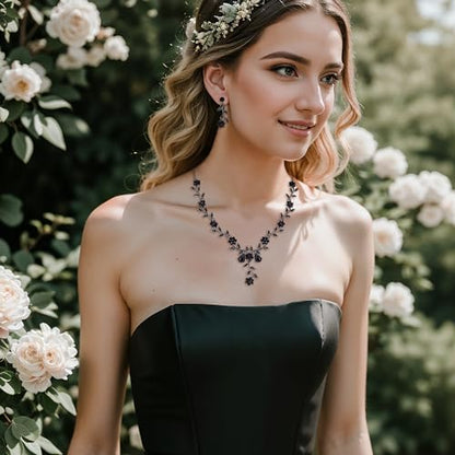 Women's Wedding Jewelry Set for Bride,Prom Bridal Accessories | Bling Crystal,Flower Leaf Cluster,Dangle Earrings Pendant Necklace Set,for Bridesmaid,Party Jewellery - color: 13-Black Black-Tone