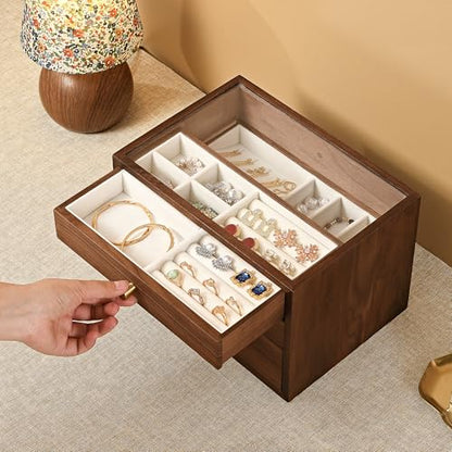 Black Walnut Wooden Jewelry Box for Women, 3 Layer Solid Wood Organizer with Glass Lid and Drawer, Large Storage for Necklace Ring Earrings Watch Bracelet, Birthday Gift for Mom Girls