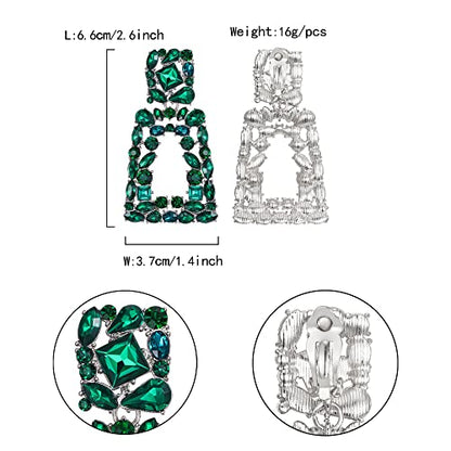 Flyonce Rectangle Clip-on Drop Earrings for Women, Sparkly Rhinestone Crystal Geometric Statement Non Pierced Earring Wedding Prom Party Jewelry for Brides Bridesmaid - color: Green Silver-Tone