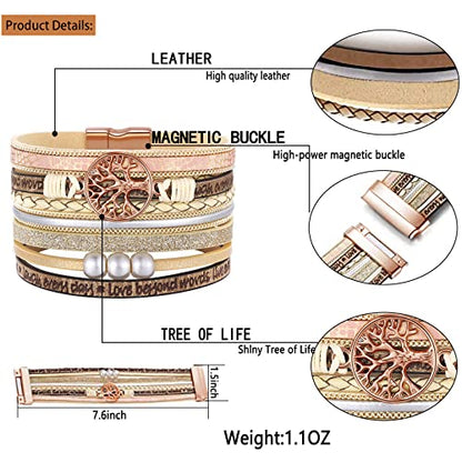 Desimtion Inspirational Tree of Life Boho Leather Wrap Bangle Bracelets for Women, Teen Girl Gifts Trendy Stuff, Fashion Accessories Jewelry Gifts for Women Girls - color: Beige-rose gold tree
