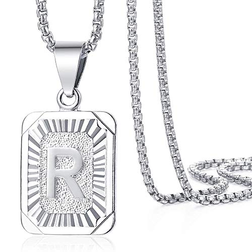 Trendsmax Initial Letter Pendant Necklace Mens Womens Capital Letter White Gold Plated A Z Stainless Steel Box Chain 22inch - style: R