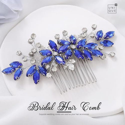 Casdre Crystal Bride Wedding Hair Comb Silver Leaf Bridal Hair Accessories Rhinestone Party Prom Hair Piece for Women and Girls (B Blue) - color: B Blue
