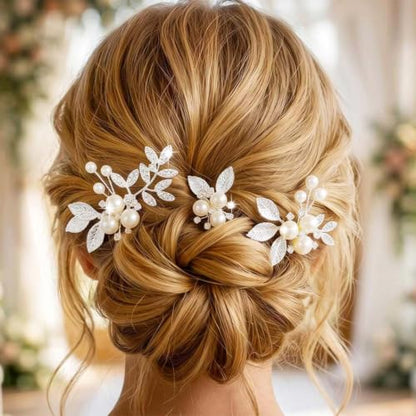 Heread Pearl Wedding Hair Pins Silver Bridal Clip for Women (Pack of 3) | Rhinestone Hair Clips Prom Accessories Accessory for Brides