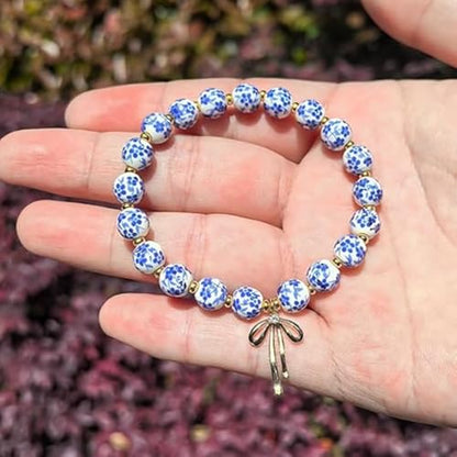 3PCS Bow Beaded Jewelry Set for Women Vintage Handmade Flower Blue And White Porcelain Enamel Ribbon Necklace Bracelet and Earrings Bow Christmas Birthday Holiday Charm Romantic Jewelry Gifts - style: Style C