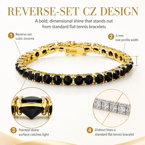 TOPGRILLZ Tennis Bracelets for Women Men, 1 Row 5 mm Cubic Zirconia Bracelet, Iced out Reverse-Set Stone, Box Clasp Anniversary Fashion Jewelry 7-8 Inches - color: Gold Black