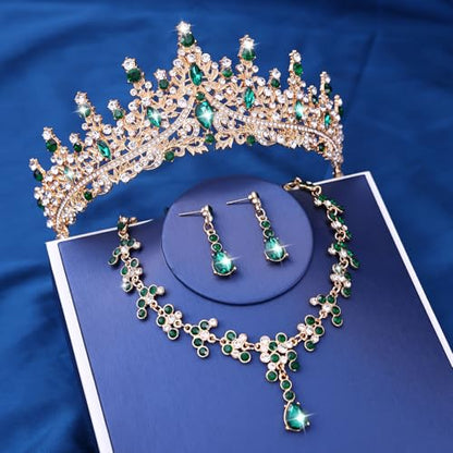Crystal Crown and Tiara Jewelry Set for Women Bride with Necklace Earrings | Metal Rhinestone Royal Queen Princess Jewelry Set Wedding Quinceanera Pageant Prom Birthday Halloween Party Costume Gift - color: Green