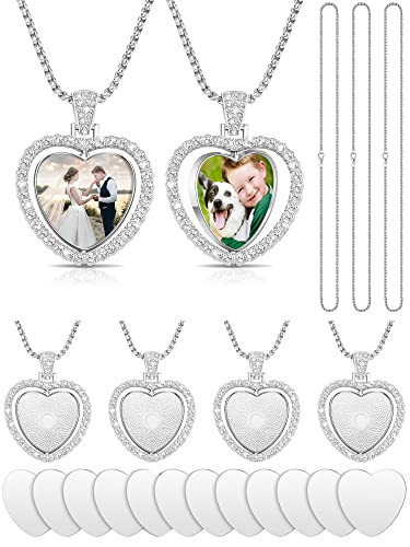 Junkin 24 Pcs Sublimation Rhinestone Trays Pendant Set, Including 6 Heart Shape Double Sided Blank Rhinestone Bezel Trays, 6 Pcs Thick Chains with 12 Sublimation Discs for Making (Silver) - color: Silver