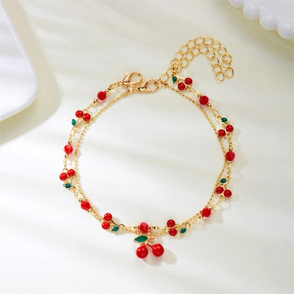 Tiny Red Cherry Fruit Necklace Bracelet Anklet Sweet Cherry Pendant Double Layered Gold Chain - color: red cherry bracelet