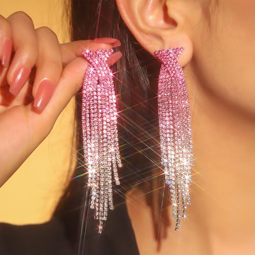 Rhinestone Earrings Prom Earrings for Women Sparkly Long Tassel Chandelier Drop Statement Earring Jewerly Gifts Wedding Party Prom Dresses Accessories - color: B6:pink&silver