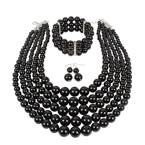 KOSMOS-LI Large Multi Layer Faux Pearl Strand Costume Jewelry Sets For Women Stocking Stuffers - color: Black