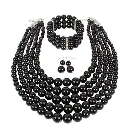 KOSMOS-LI Large Multi Layer Faux Pearl Strand Costume Jewelry Sets For Women Stocking Stuffers - color: Black