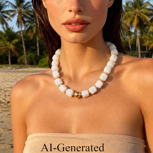 Ritach Chunky Beaded Necklaces for Women - Colorful Large Square Acrylic Beaded Necklace Boho Chunky Necklace Adjustable Statement Choker Necklace for Women Waterproof Summer Beach Jewelry Gifts - color: White