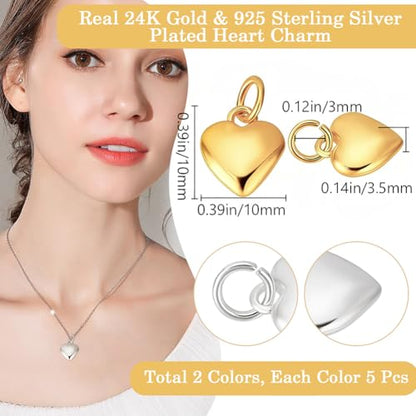Beebeecraft 10Pcs Tiny Heart Charms 24K Gold & 925 Sterling Silver Plated Puffy Heart Charms Valentine Hearts Charm for Jewelry Making DIY Crafts Dangle Earring Bracelet - color: Gold & Silver
