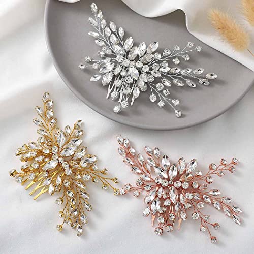 Bride Wedding Hair Comb Silver Crystal Hair Pieces Rhinestone Headpieces Bridal Hair Side Combs Hair Accessories for Women (B-Gold) - color: B-Gold