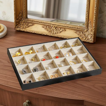 Large Jewelry Organizer Tray, Stackable Jewelry Storage Holder PU Leather Velvet Jewellery Display Case for Stud Earring Bracelet Necklace Ring (Black Beige, 24 Grids) - color: Black Beige