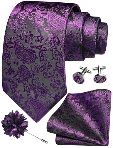 GUSLESON 3.15"（8cm） Mens Paisley Tie and Lapel Pin Necktie Hankerchief Cufflinks Set for Men - color: Dark Purple-2