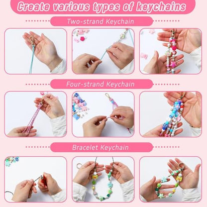 Wurosi Acrylic 865PCS Beaded Keychain Making Kit,DIY Bag Charm Kit | Includes Acrylic Heart Flower Alphabet Beads,Key Chain Supplies,Manual,Rope and Packaging Supplies for Jewerly Making Kit - color: 865 Pcs Colorful Bead Kit