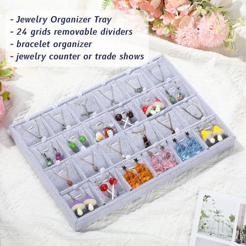 2 Pcs 24 Grid Stackable Jewelry Organizer Tray with Removable Dividers Ice Velvet Jewelry Display Showcase Tray for Necklace Earring Ring Bracelet Holder (Gray Velvet) - color: Gray Velvet