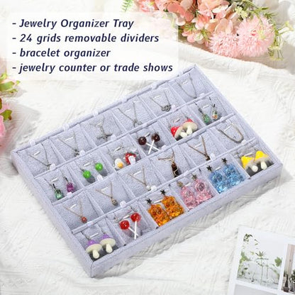 2 Pcs 24 Grid Stackable Jewelry Organizer Tray with Removable Dividers Ice Velvet Jewelry Display Showcase Tray for Necklace Earring Ring Bracelet Holder (Gray Velvet) - color: Gray Velvet
