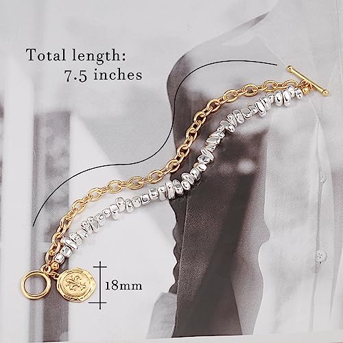 PEARLADA 18k Gold Plated Chain Layerd Bracelet Coin Charm Toggle Bracelet Trendy Cubic Zirconia Jewelry - color: 3. Silver+gold plated