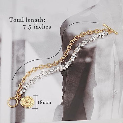 PEARLADA 18k Gold Plated Chain Layerd Bracelet Coin Charm Toggle Bracelet Trendy Cubic Zirconia Jewelry - color: 3. Silver+gold plated