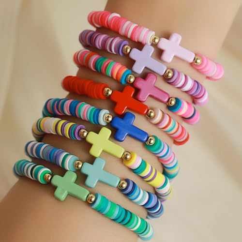 Heishi Surfer Clay Bead Bracelets Set for Women - Preppy Smile Evil Eye Beaded Stretch Bracelets Elastic Layering Friendship Bracelets- Stackable Boho Disc Summer Jewelry Set