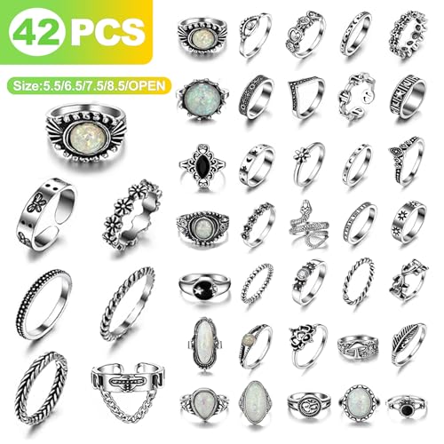 42 Pcs Vintage Gothic Ring Set for Men and Women Adjustable Punk Stackable Knuckle Rings with Skull Snake Heart Star Flower Design for Midi Fingers