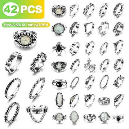 42 Pcs Vintage Gothic Ring Set for Men and Women Adjustable Punk Stackable Knuckle Rings with Skull Snake Heart Star Flower Design for Midi Fingers
