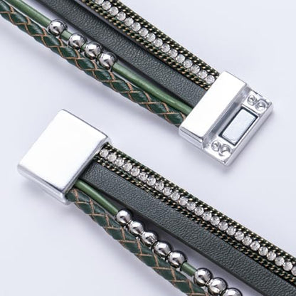 Chunky Boho Leather Wrap Bracelets Cowgirl Beaded Circle Western Jewelry | Stackable Infinity Layered Bohemian Magnetic Clasp Cuff Statement Fashion Colorful Country Hippie Outfits for Women Trendy - color: Olive Green
