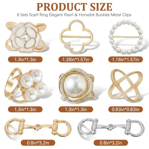 8PCS Scarf Rings Scarf Clip Ring and Slides for the Side of Clothes Corner | Elegant Clothing Shirt Ties for Women Horsebit Scarves Buckle Rings Tightener