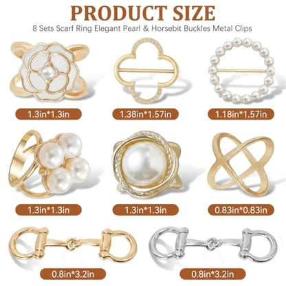 8PCS Scarf Rings Scarf Clip Ring and Slides for the Side of Clothes Corner | Elegant Clothing Shirt Ties for Women Horsebit Scarves Buckle Rings Tightener
