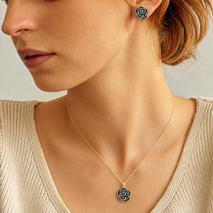 Enamel Rose Necklace and Earrings Jewelry Set for Women | 14K Gold Plated,Rose Represent: Love Gratitude Prid,Adjustable Chain Fit,Elegant Sets for Daily and Party Wear,Gift Box - color: Black