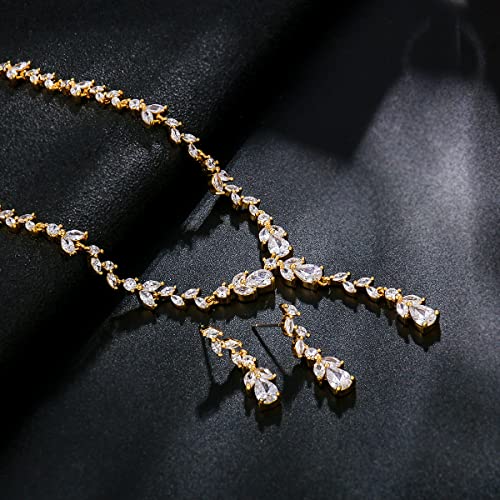 Bridal Wedding Jewelry CZ Set Marquise Teardrop Cubic Zirconia Pendant Necklace and Dangle Earring Bracelet Sets for Women - color: Gold tone - 01