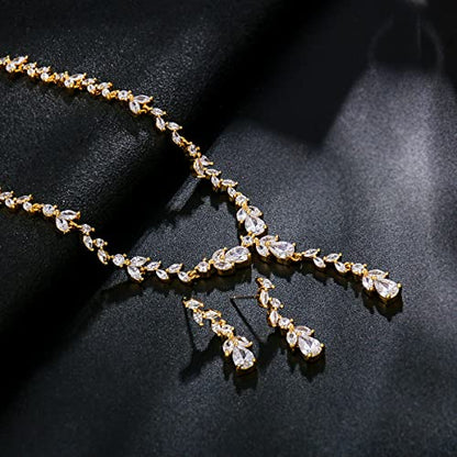 Bridal Wedding Jewelry CZ Set Marquise Teardrop Cubic Zirconia Pendant Necklace and Dangle Earring Bracelet Sets for Women - color: Gold tone - 01