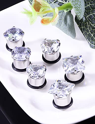 8G 6G 4G 2G 0G 1/2 inch Stainless Steel Ear Gauges - Round, Square, Heart, Cubic Zirconia - 3mm to 12mm - Silver, 3 Pairs - color: Gauge=00g=10mm