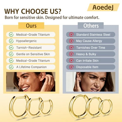 AOEDEJ G23 Titanium Black/Steel Gray/Gold Hoop Earrings 18G Small Huggie Hoop Earrings 8mm/10mm/12mm Cartilage for Sensitive Ears for Multiple Piercing Cartilage Hoop Earring Stack Jewelry - style: D-GD-10mm