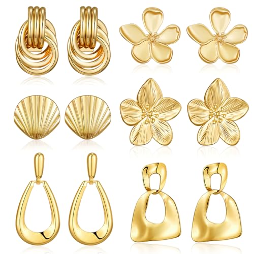 Chunky Gold Earrings For Women Trendy Statement Gold Plated Flower Shell Knot Dangle Earrings Lightweight Hypoallergenic Fashion Jewelry Set - color: gold-A